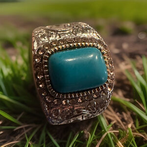 Stunning Sz 8 Embossed SilverTn Square Faux Turquoise 1/2” Band Ring Rhinestones